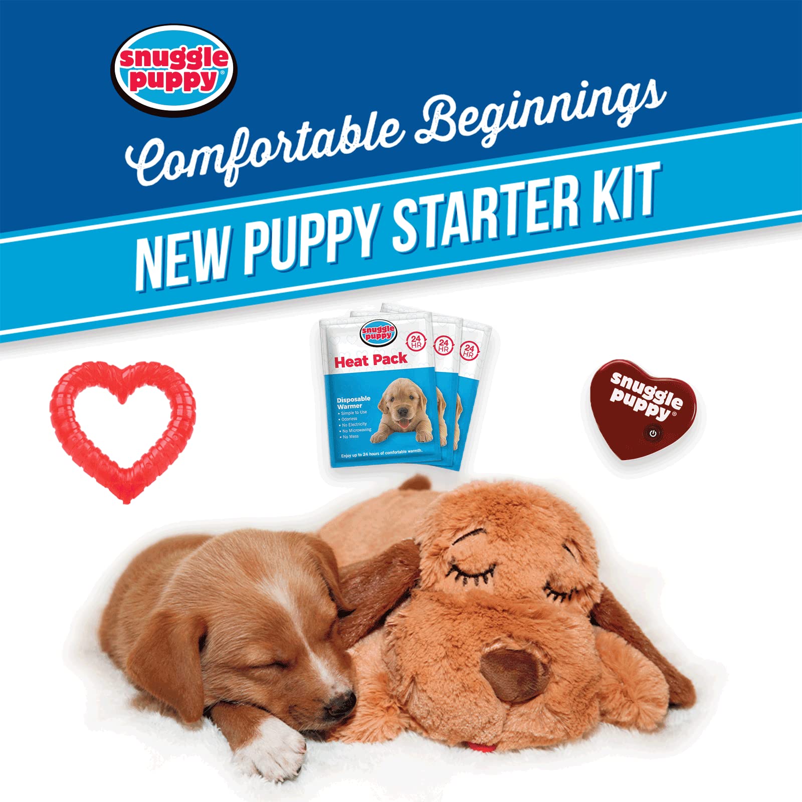 Original Snuggle Puppy Starter Kit with Snuggle Puppy Included. Starter Kit for Anxiety Relief and Calming Aid. Biscuit Coloured Puppy Included and Blue Toy.