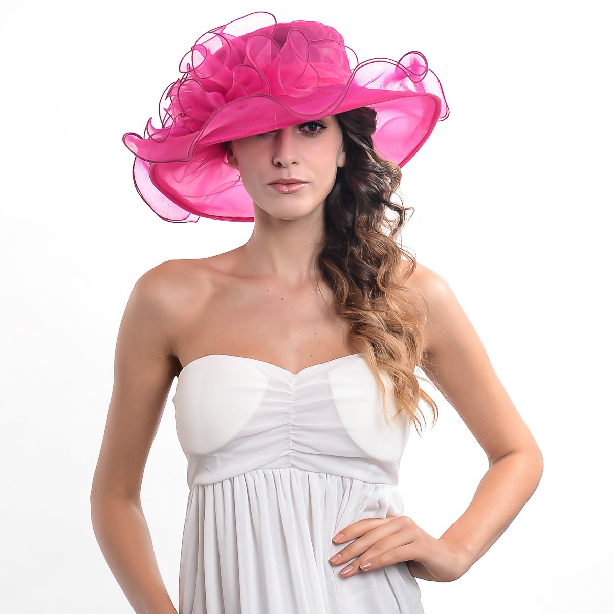 Kentucky Derby Church Dress Hat for Women Rose Fascinator Bridal Tea Party Wedding Hat Wide Brim