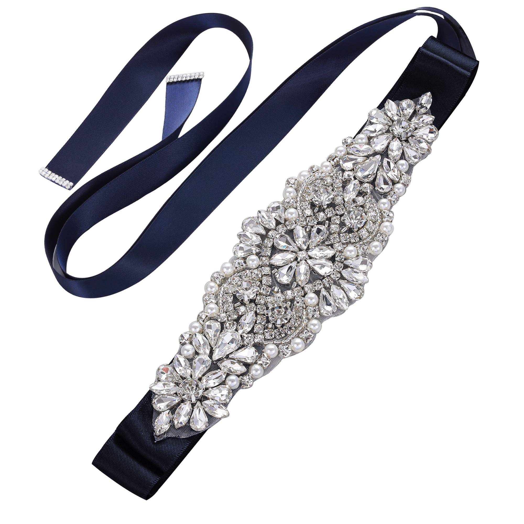 yanstar Silver Crystal Beads Rhinestone Wedding Bridal Belt Sash With Navy Ribbon For Wedding Dress