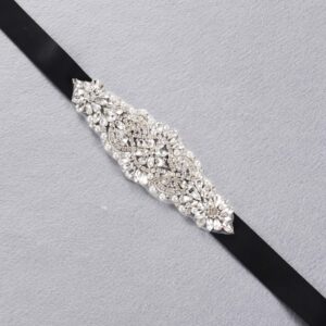 yanstar Silver Crystal Beads Rhinestone Wedding Bridal Belt Sash With Navy Ribbon For Wedding Dress