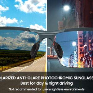 TJUTR Mens Polarized Photochromic Sunglasses Day & Night Driving Glasses Anti Glare | Ideal for Low to Medium Light Condition (Metal Gun/Grey Photochromic Polarized Lens)