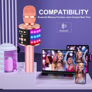 BONAOK Bluetooth Wireless Karaoke Microphone with LED Lights,4-in-1 Portable Handheld Mic with Speaker Karaoke Player for Singing Home Party Toys Birthday Gift for Kids Adults Girls Q78(Rose Gold)