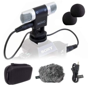 movo vxr3000 universal stereo microphone with foam and furry windscreens and travel case - for iphone and android smartphones, canon eos nikon dslr, and action cameras