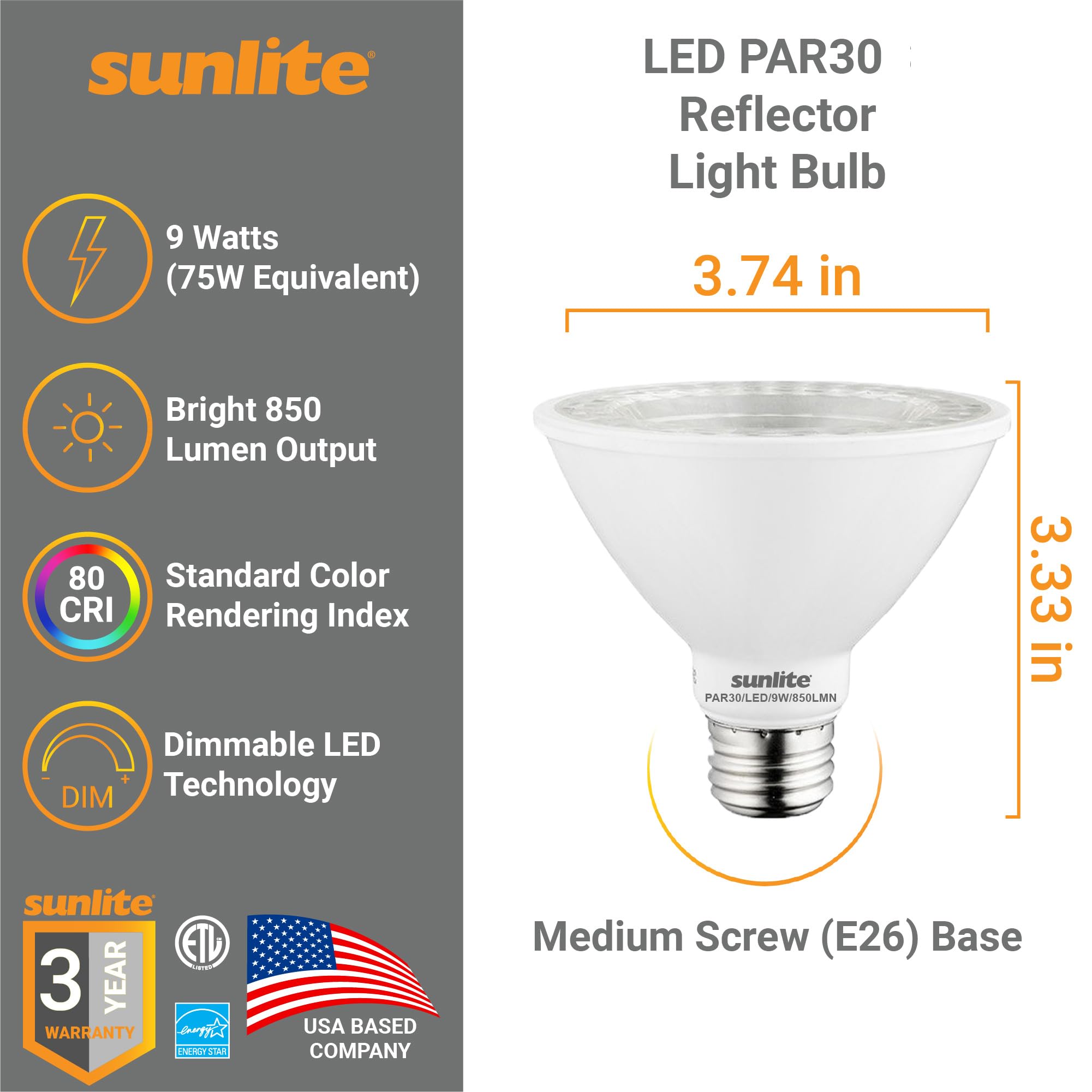 Sunlite LED PAR30 Short Neck Flood Light Bulb, 9 Watt, (75W Equivalent), 850 Lumens, Medium Screw (E26) Base, Dimmable, ETL Listed, Energy Star, 2700K Soft White, 6 Count