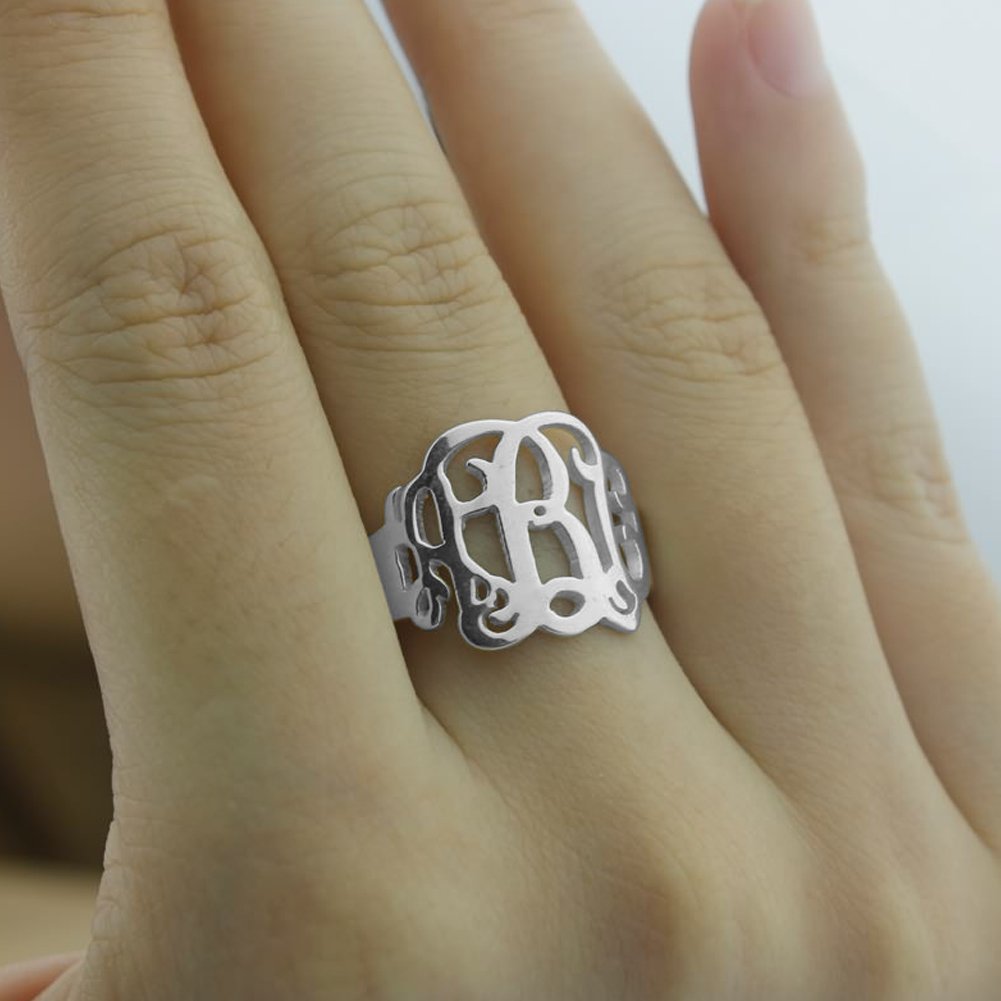 Ouslier 925 Sterling Silver Personalized Monogram Ring Custom Made with 3 Initials (Silver)