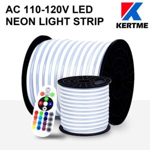 KERTME Neon Led Type AC 110-120V LED NEON Light Strip, Flexible/Waterproof/Dimmable/Multi-Colors/Multi-Modes LED Rope Light + 24 Keys Remote for Home/Garden/Building Decoration (98.4ft/30m, RGB)