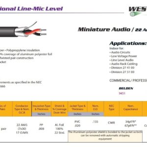 West Penn Wire (454 22 Gauge) CMR Installation Mic/Line Bulk Cable - 100Ft