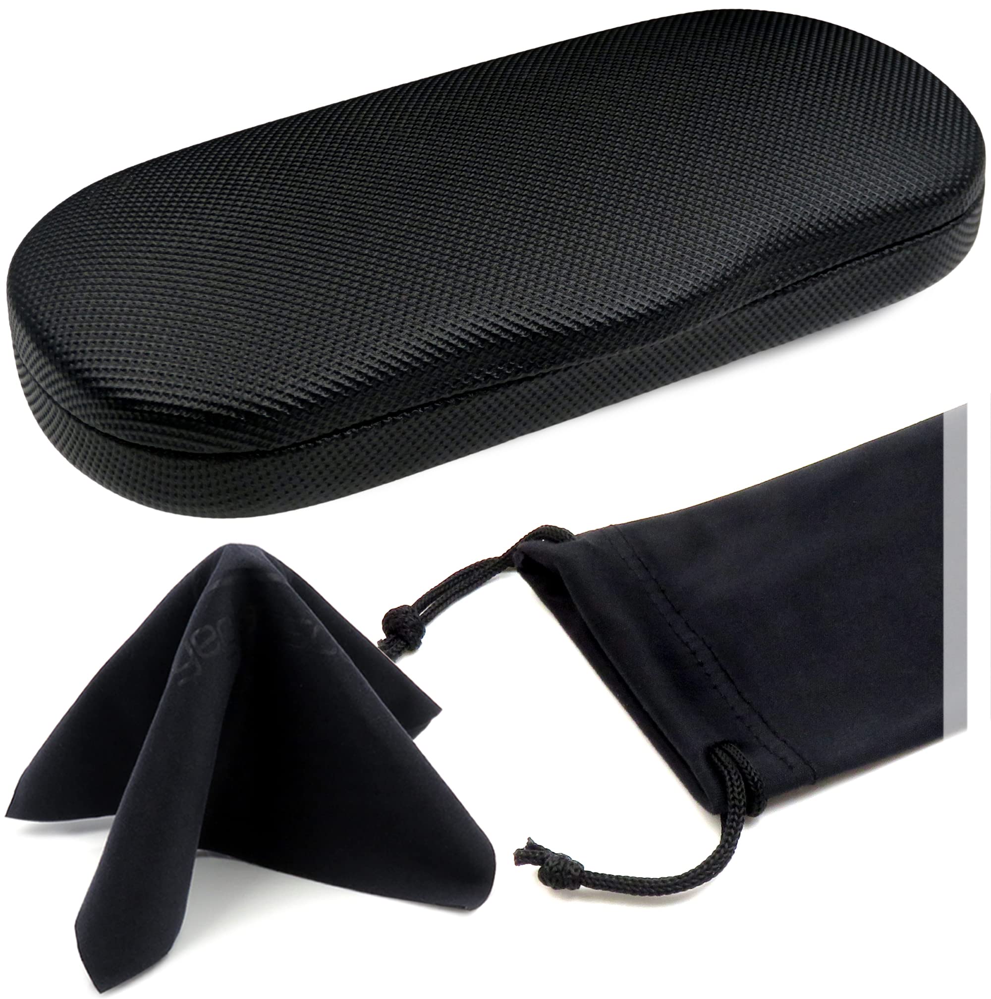 MyEyeglassCase Glasses Case Hard Shell for Small - Medium Frames - Eyeglass Clam Shell Hard Men & Women - Travel Eyewear Holder with Cleaning Fabric Cloth - Protective Storage (AS196 Rough Black)