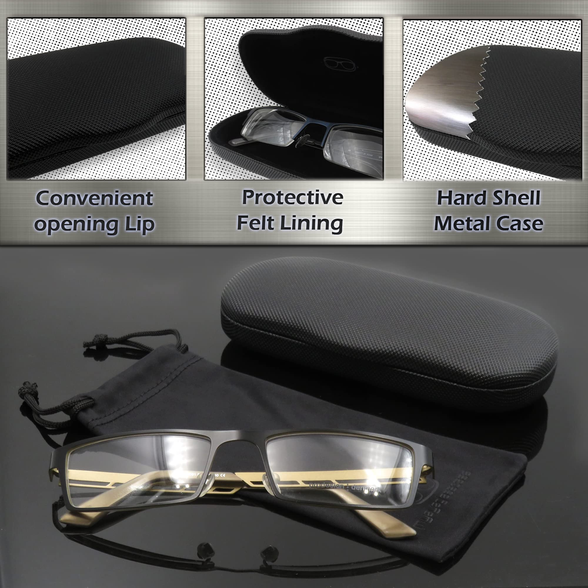 MyEyeglassCase Glasses Case Hard Shell for Small - Medium Frames - Eyeglass Clam Shell Hard Men & Women - Travel Eyewear Holder with Cleaning Fabric Cloth - Protective Storage (AS196 Rough Black)