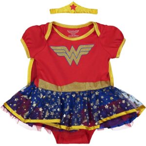 warner bros dc comics justice league wonder woman newborn baby girls cosplay costume bodysuit dress cape and headband set 3-6 months