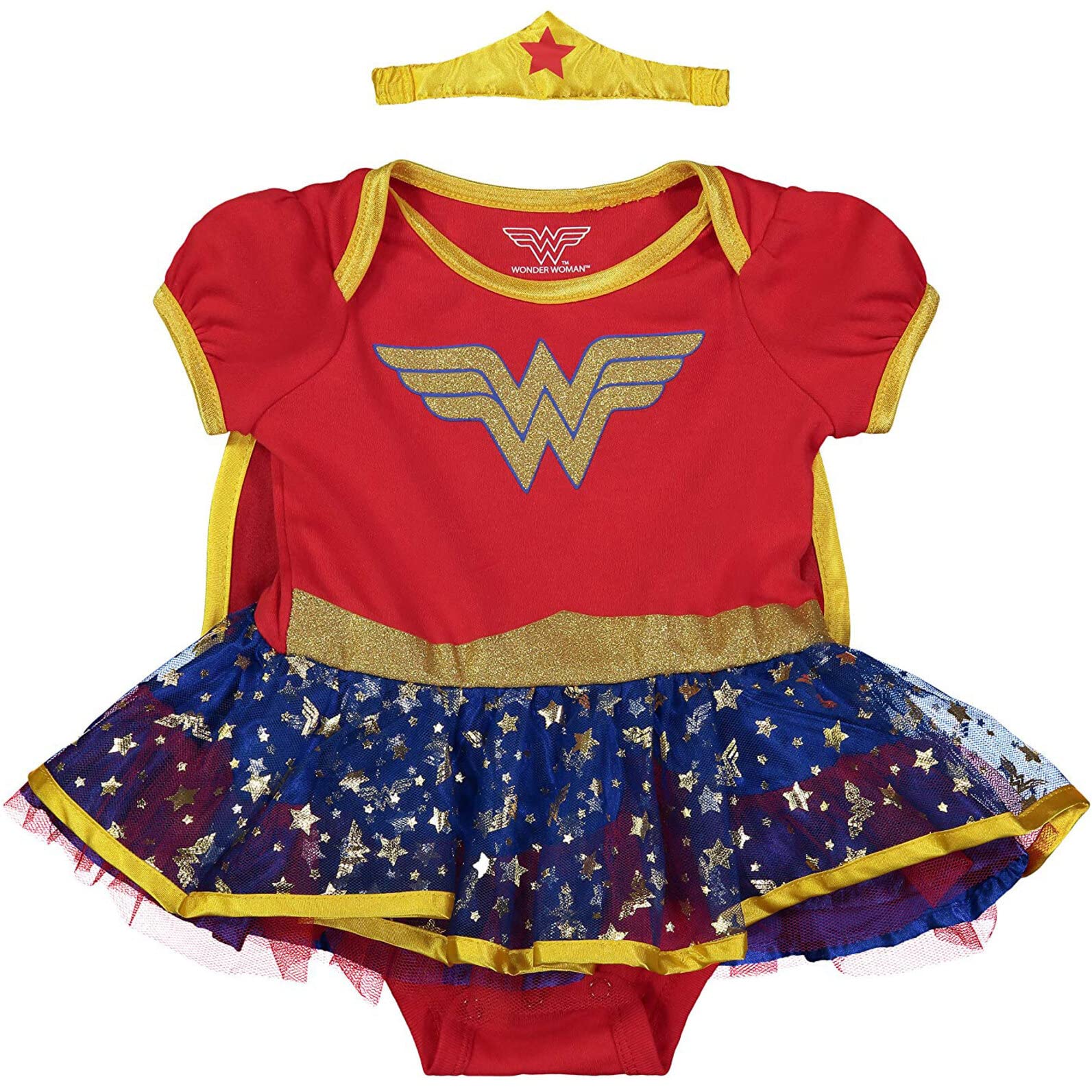 WARNER BROS DC Comics Justice League Wonder Woman Newborn Baby Girls Cosplay Costume Bodysuit Dress Cape and Headband Set 3-6 Months