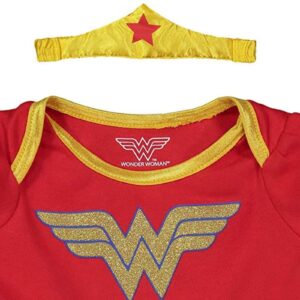 WARNER BROS DC Comics Justice League Wonder Woman Newborn Baby Girls Cosplay Costume Bodysuit Dress Cape and Headband Set 3-6 Months