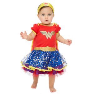 WARNER BROS DC Comics Justice League Wonder Woman Newborn Baby Girls Cosplay Costume Bodysuit Dress Cape and Headband Set 3-6 Months