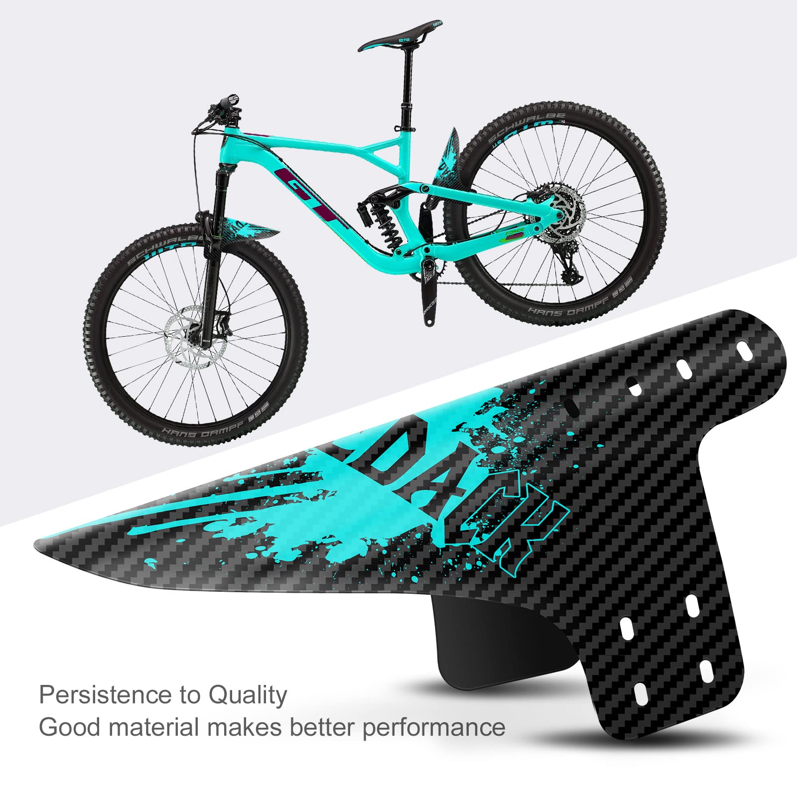 NICEDACK Bike Fender, Adjustable MTB Mud Guard, Front and Rear Compatible Mudguards, Fits 650B 20" 26" 27.5" 29 inch Fat Tire Bikes and All Disc Brake Bicycles (Carbon Fiber Pattern,Cyan)