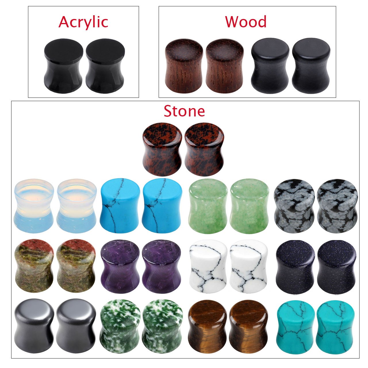 PiercingJ Acrylic Wood Mixed Stone Plugs 16 Pairs/32 Pieces Set Ear Plugs Ear Tunnels Ear Gauges Double Flared Ear Expander Stretcher Set