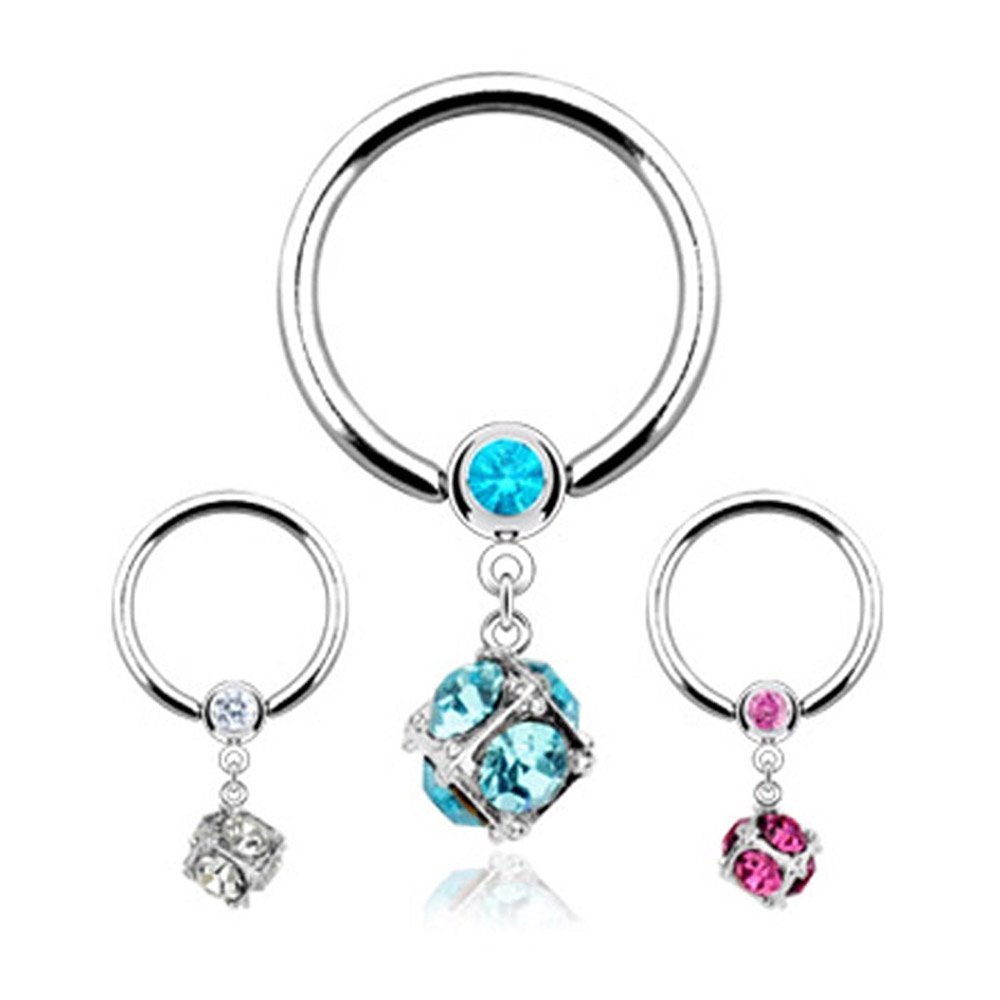 Covet Jewelry Dice Multi Gem Paved Dangle 316L Surgical Steel Gemmed Captive Bead Ring (Aqua)