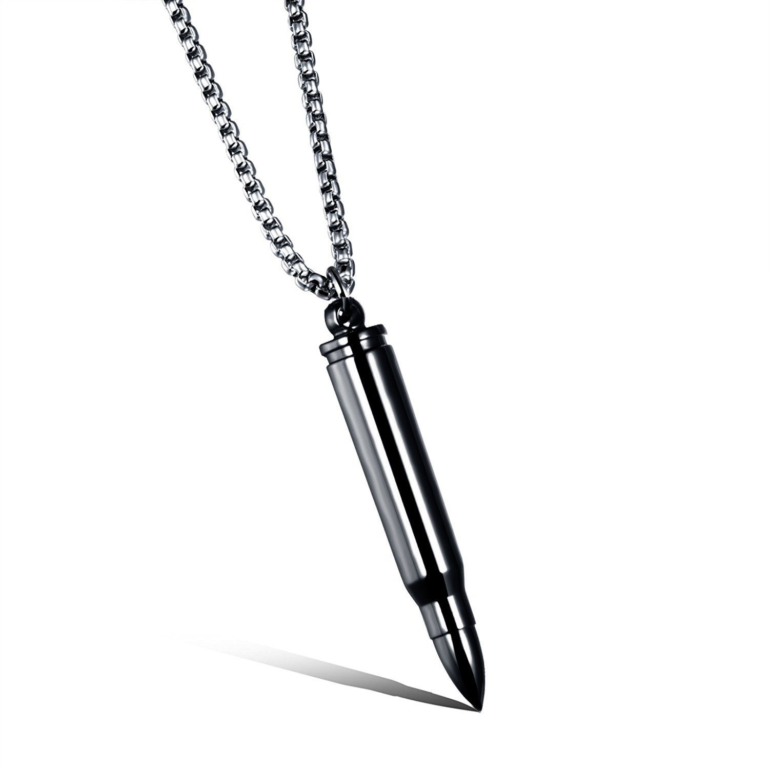 MONIYA Stainless Steel Bullet Shape Cremation Urn Necklace For Ashes Memorial Keepsake Jewelry, 21.65" Box Chain