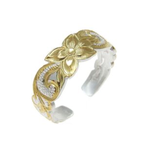 Arthur's Jewelry 925 sterling silver 2 tone yellow gold plated Hawaiian plumeria flower scroll 6mm cut out open toe ring