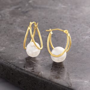 Ross-Simons 8-9mm Cultured Pearl Double-Hoop Earrings in 14kt Yellow Gold. 3/4