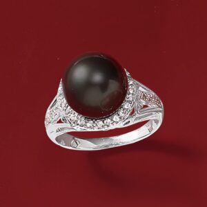 Ross-Simons 11-12mm Black Cultured Tahitian Pearl Ring With .20 ct. t.w. White Topaz in Sterling Silver. Size 6