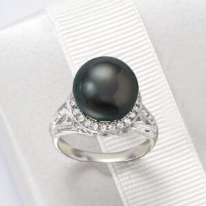 Ross-Simons 11-12mm Black Cultured Tahitian Pearl Ring With .20 ct. t.w. White Topaz in Sterling Silver. Size 6