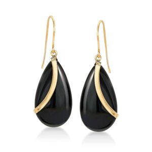 ross-simons pear-shaped black onyx drop earrings in 14kt yellow gold