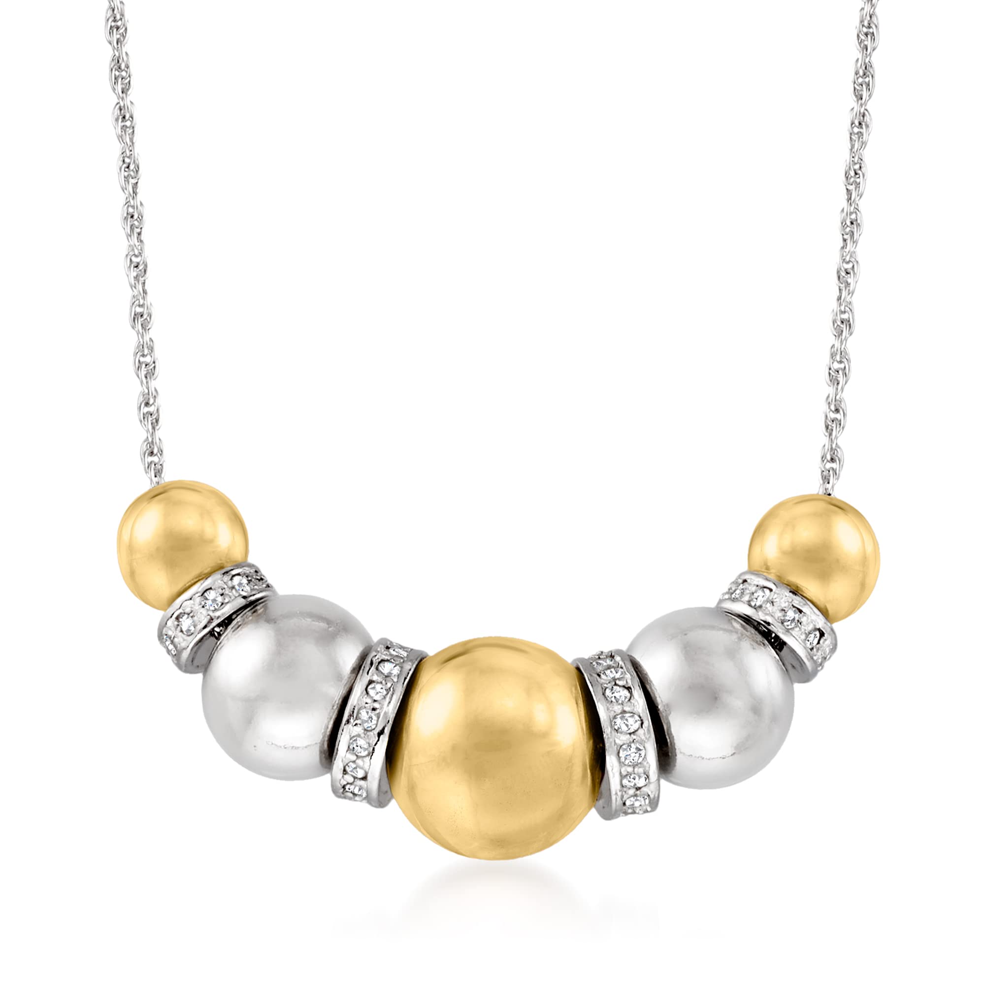 Ross-Simons Sterling Silver and 14kt Yellow Gold Bead Necklace With .35 ct. t.w. Diamonds. 16 inches