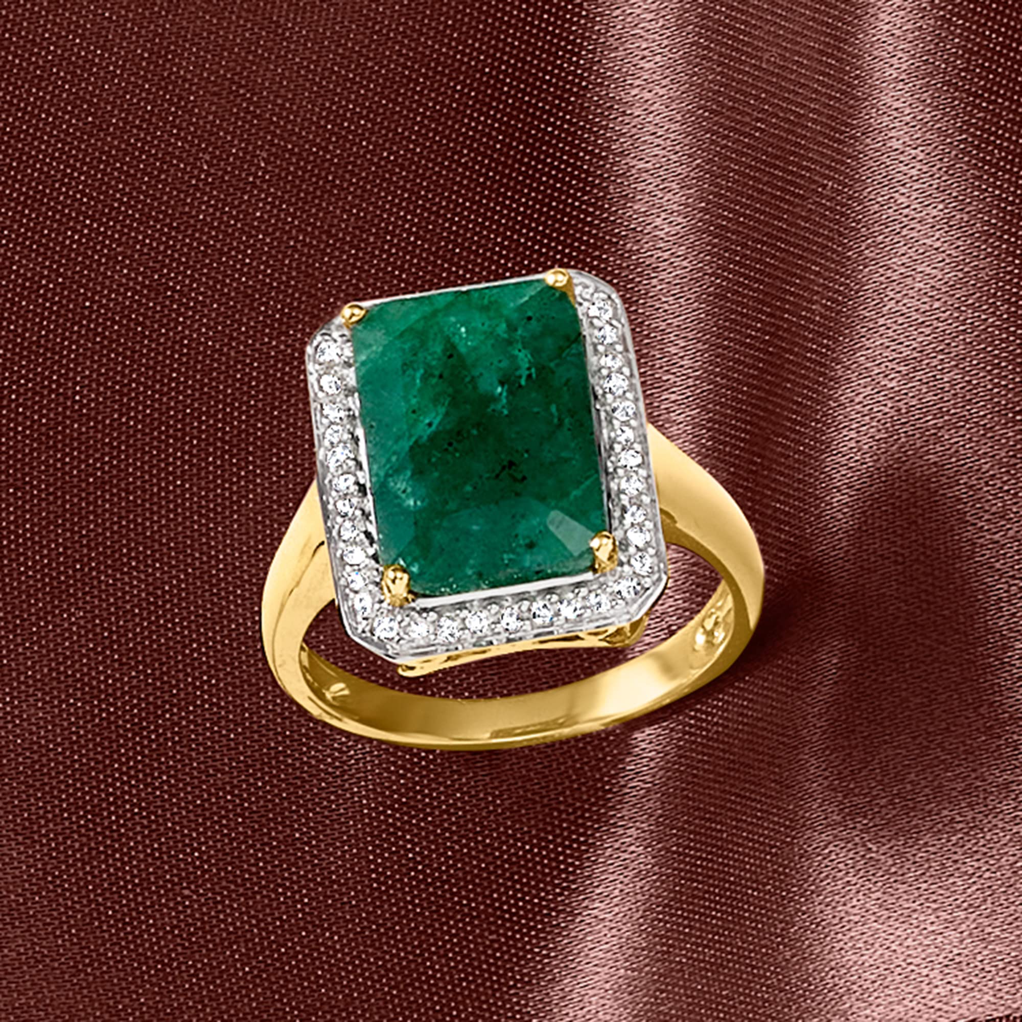 Ross-Simons 5.50 Carat Emerald and .20 ct. t.w. Diamond Ring in 14kt Yellow Gold. Size 7