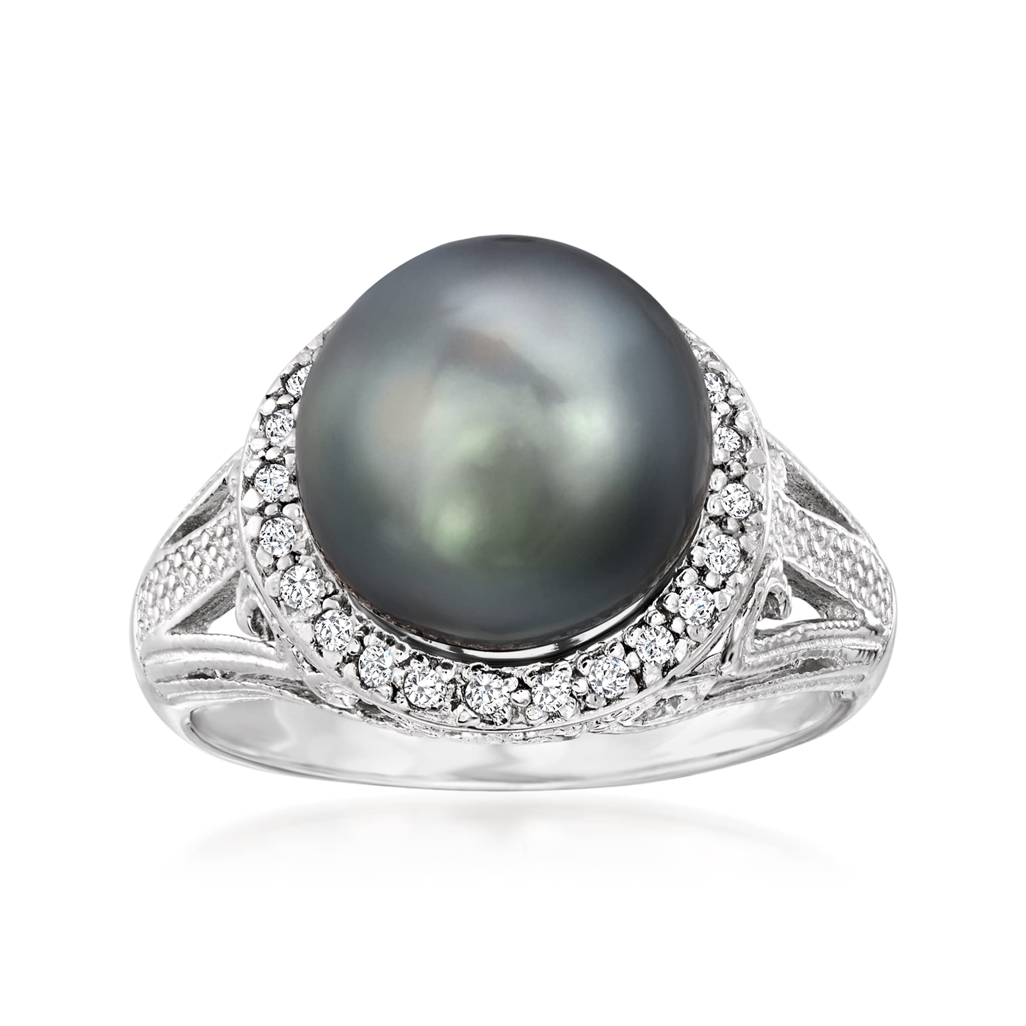 Ross-Simons 11-12mm Black Cultured Tahitian Pearl Ring With .20 ct. t.w. White Topaz in Sterling Silver. Size 8