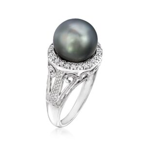 Ross-Simons 11-12mm Black Cultured Tahitian Pearl Ring With .20 ct. t.w. White Topaz in Sterling Silver. Size 8