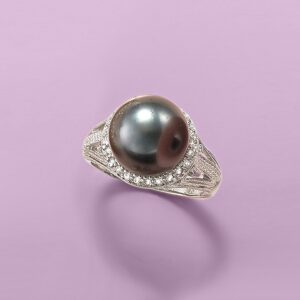 Ross-Simons 11-12mm Black Cultured Tahitian Pearl Ring With .20 ct. t.w. White Topaz in Sterling Silver. Size 8