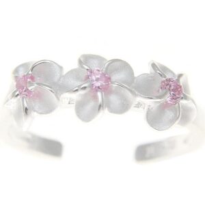 Arthur's Jewelry 925 sterling silver Hawaiian 3 triple plumeria flower pink cz open toe ring