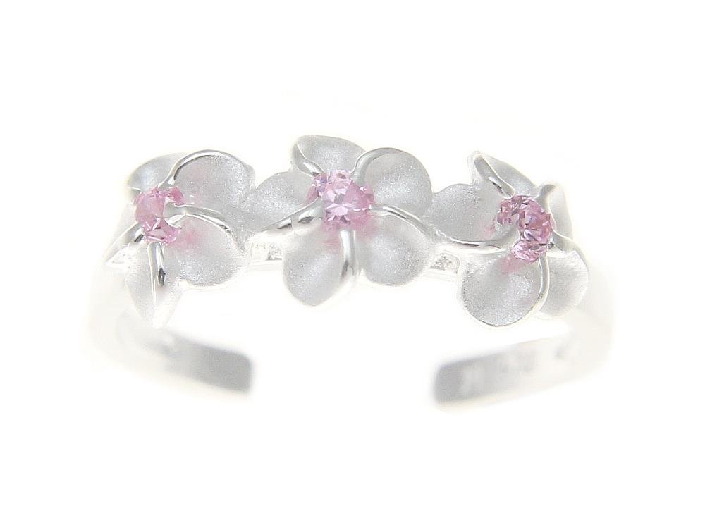 Arthur's Jewelry 925 sterling silver Hawaiian 3 triple plumeria flower pink cz open toe ring