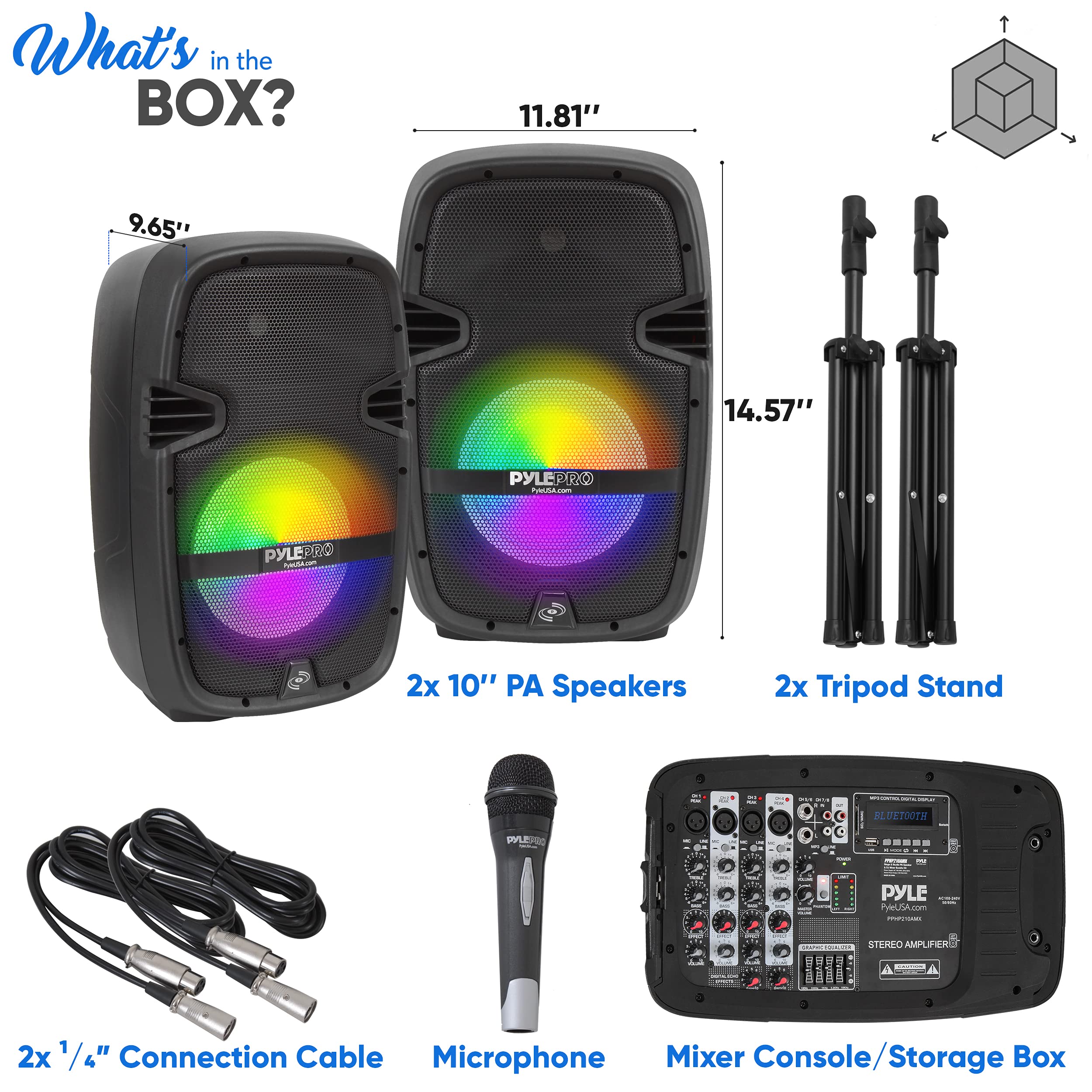 Pyle PA Speaker DJ Mixer Bundle - Portable Wireless Bluetooth Sound System w/ USB SD XLR 1/4" RCA Inputs, LED Lights - Dual Speaker, Mixer, Microphone, Stand, Cable - Home/Outdoor PPHP210AMX,Black