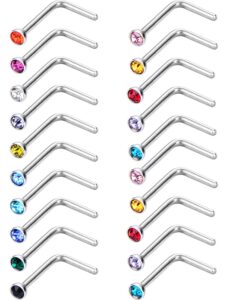 mudder 20 pcs curved nose studs stainless steel nose ring colorful l shaped crystals l bend nose screw piercing jewelry,20 gauge