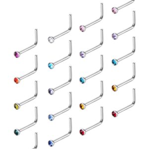 Mudder 20 Pcs Curved Nose Studs Stainless Steel Nose Ring Colorful L Shaped Crystals l Bend Nose Screw Piercing Jewelry,20 Gauge