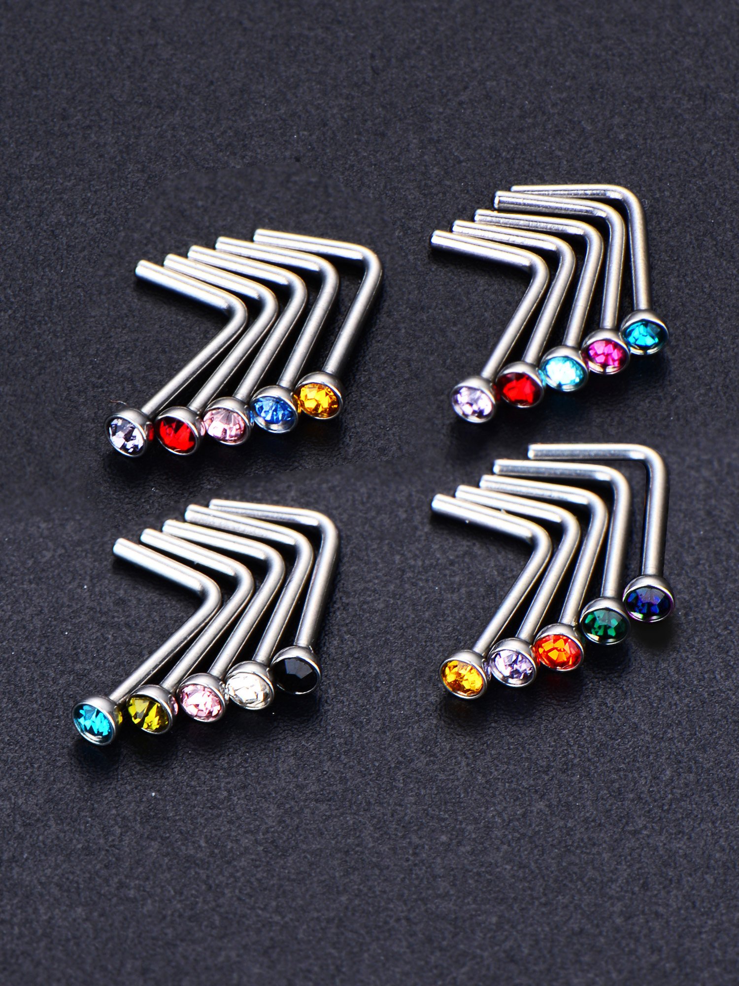 Mudder 20 Pcs Curved Nose Studs Stainless Steel Nose Ring Colorful L Shaped Crystals l Bend Nose Screw Piercing Jewelry,20 Gauge