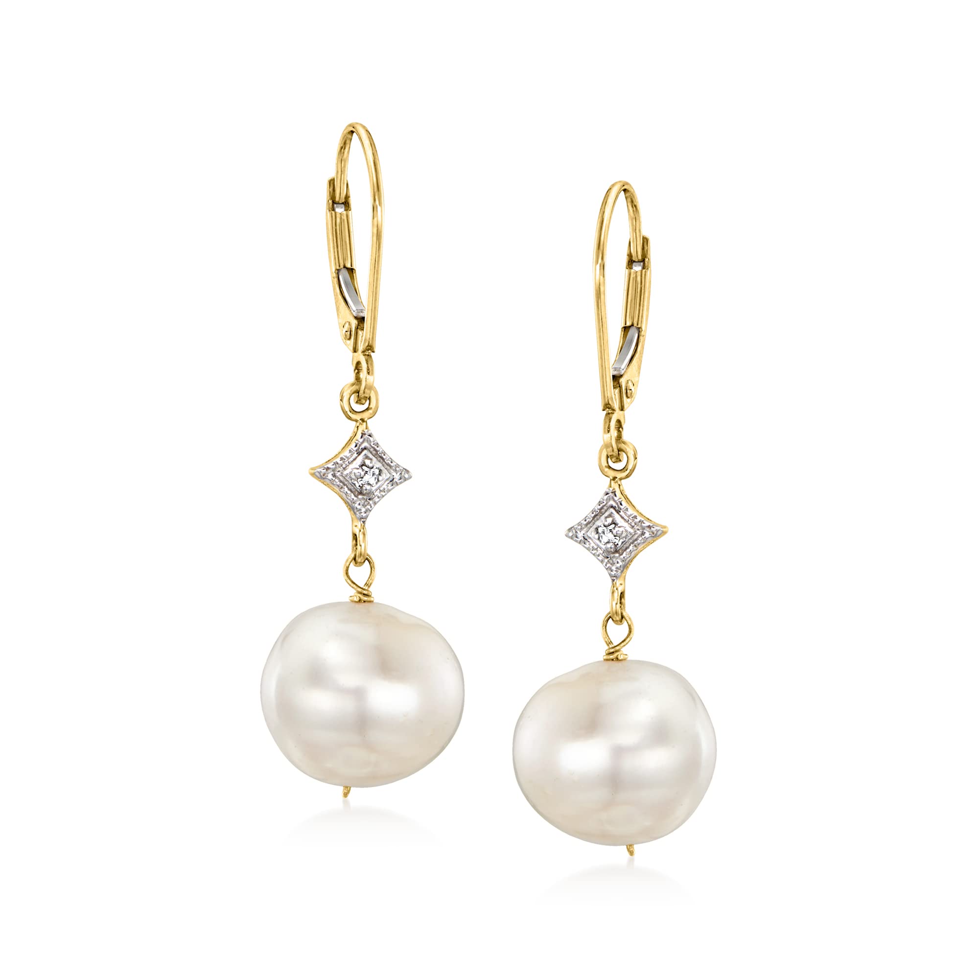 Ross-Simons 10.5-11mm Cultured Pearl Drop Earrings With Diamond Accents in 14kt Yellow Gold