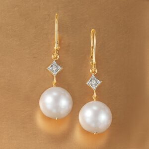 Ross-Simons 10.5-11mm Cultured Pearl Drop Earrings With Diamond Accents in 14kt Yellow Gold