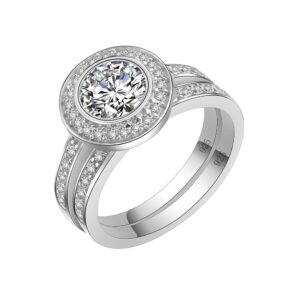 Lavencious Round Clear Wedding Sets Engagement Ring Band 925 Sterling Silver with White AAA CZ (Silver, 7)