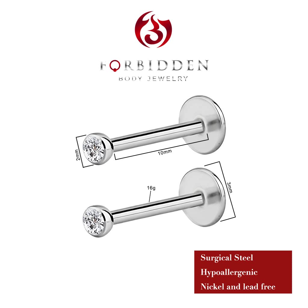 Forbidden Body Jewelry Surgical Steel Internally Threaded Micro CZ Gem Tragus/Labret/Helix Piercing Stud/ 2 Pack: 16G, 10mm with 2mm Top