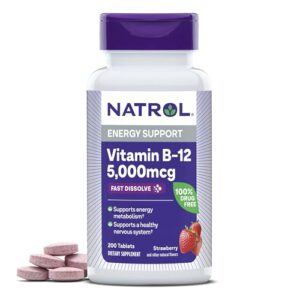 Natrol Vitamin B-12 5000mcg, Dietary Supplement for Cellular Energy Production & Healthy Nervous System Support, 200 Strawberry-Flavored Fast Dissolve Tablets, 200 Day Supply