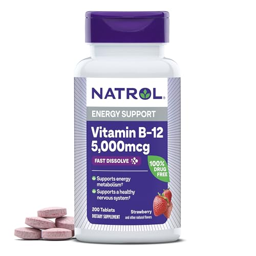 Natrol Vitamin B-12 5000mcg, Dietary Supplement for Cellular Energy Production & Healthy Nervous System Support, 200 Strawberry-Flavored Fast Dissolve Tablets, 200 Day Supply