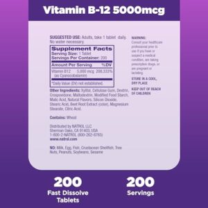 Natrol Vitamin B-12 5000mcg, Dietary Supplement for Cellular Energy Production & Healthy Nervous System Support, 200 Strawberry-Flavored Fast Dissolve Tablets, 200 Day Supply