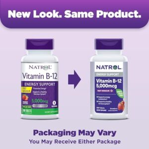 Natrol Vitamin B-12 5000mcg, Dietary Supplement for Cellular Energy Production & Healthy Nervous System Support, 200 Strawberry-Flavored Fast Dissolve Tablets, 200 Day Supply