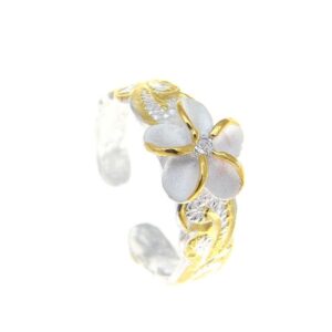 Arthur's Jewelry 925 sterling silver 2 tone yellow gold plated 8mm Hawaiian scroll plumeria flower cz toe ring