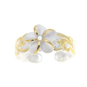 Arthur's Jewelry 925 sterling silver 2 tone yellow gold plated 8mm Hawaiian scroll plumeria flower cz toe ring