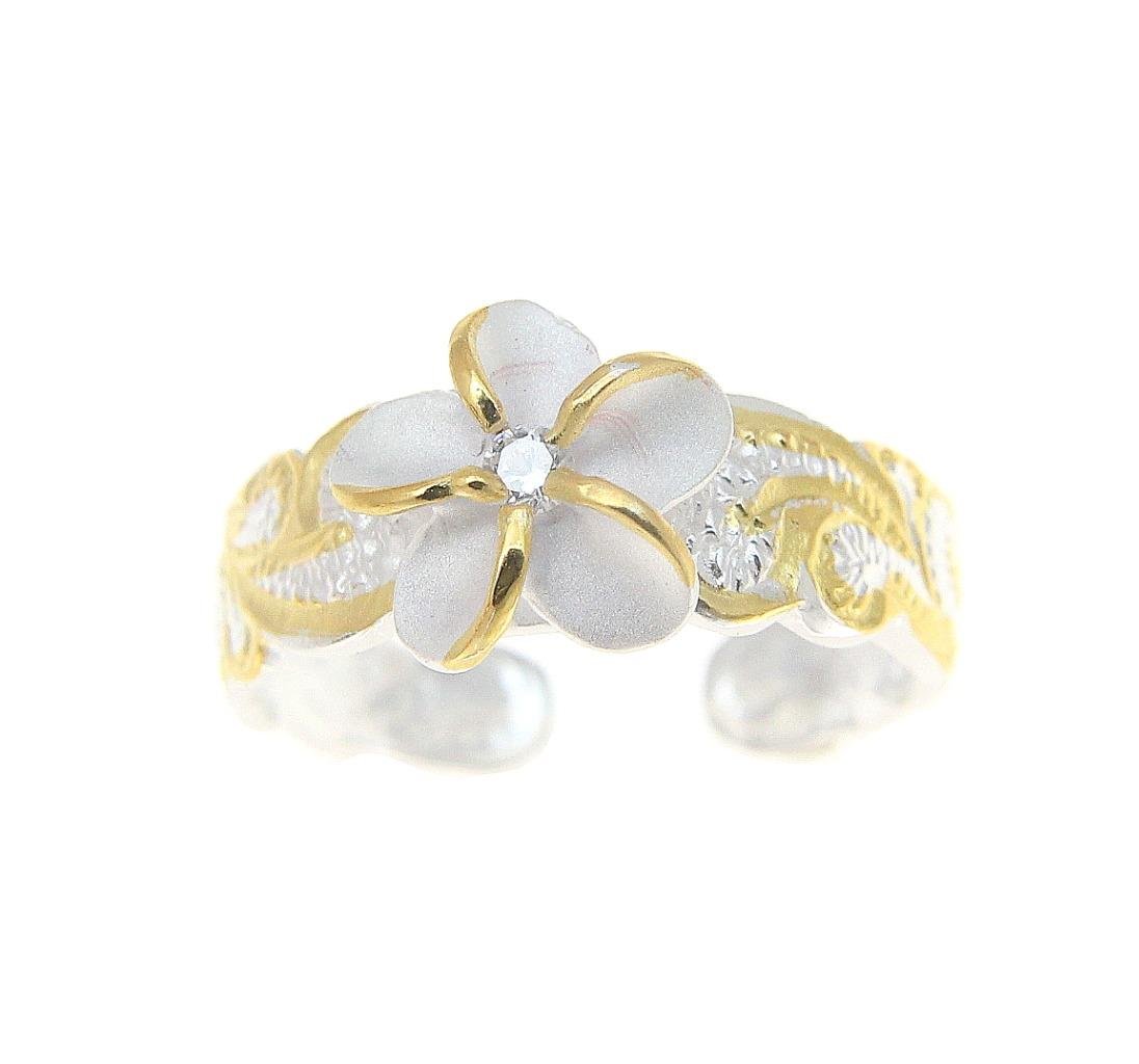 Arthur's Jewelry 925 sterling silver 2 tone yellow gold plated 8mm Hawaiian scroll plumeria flower cz toe ring