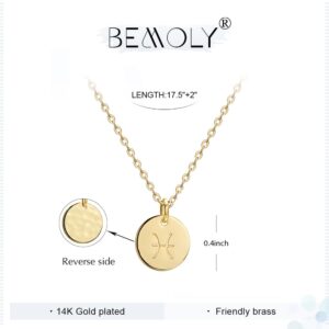 Befettly Constellation Necklace Pendant 14K Gold-Plated Hammered Round Disc Engraved Star Sign Pendant 17.5’’ Adjustable Dainty Necklace NK-Pisces