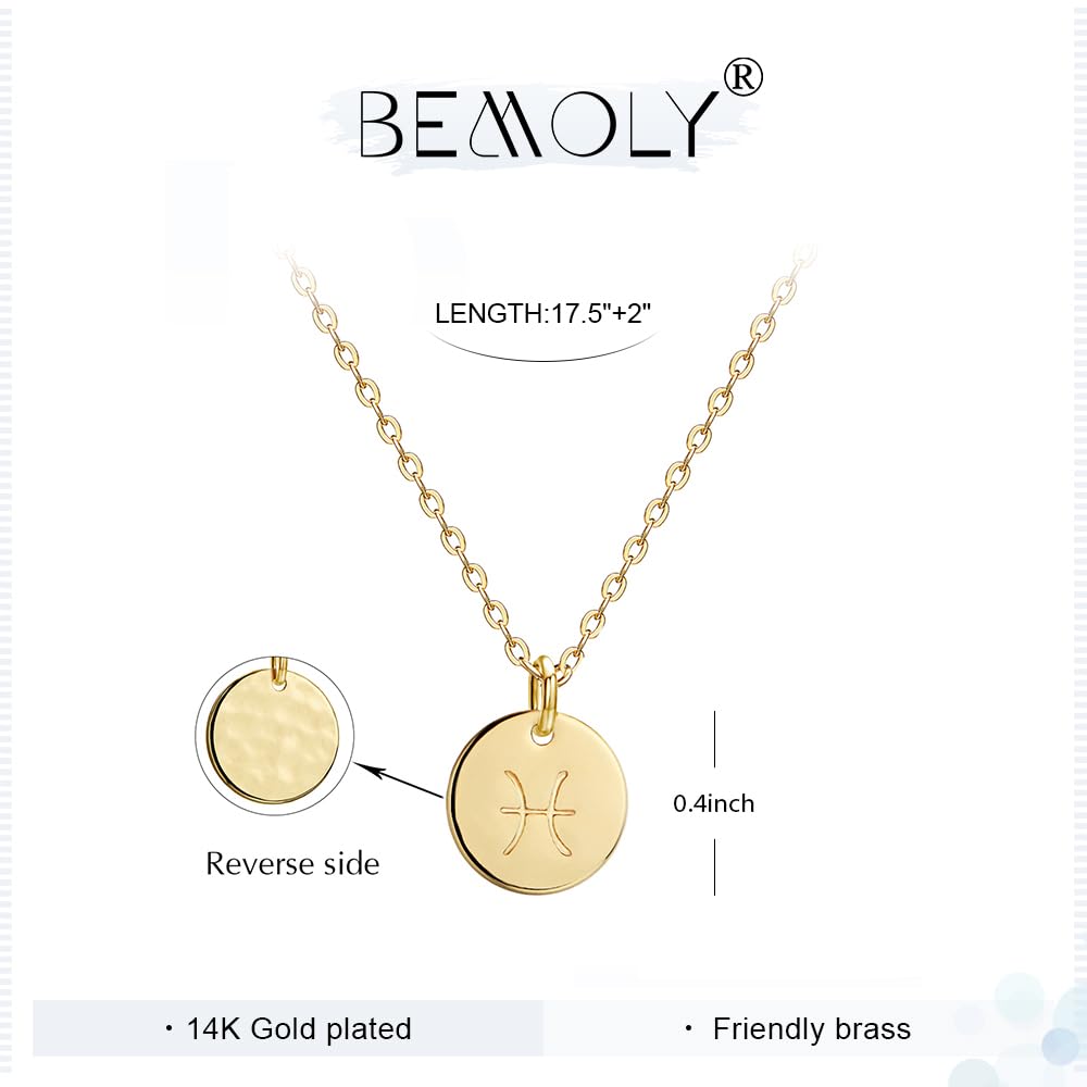 Befettly Constellation Necklace Pendant 14K Gold-Plated Hammered Round Disc Engraved Star Sign Pendant 17.5’’ Adjustable Dainty Necklace NK-Pisces